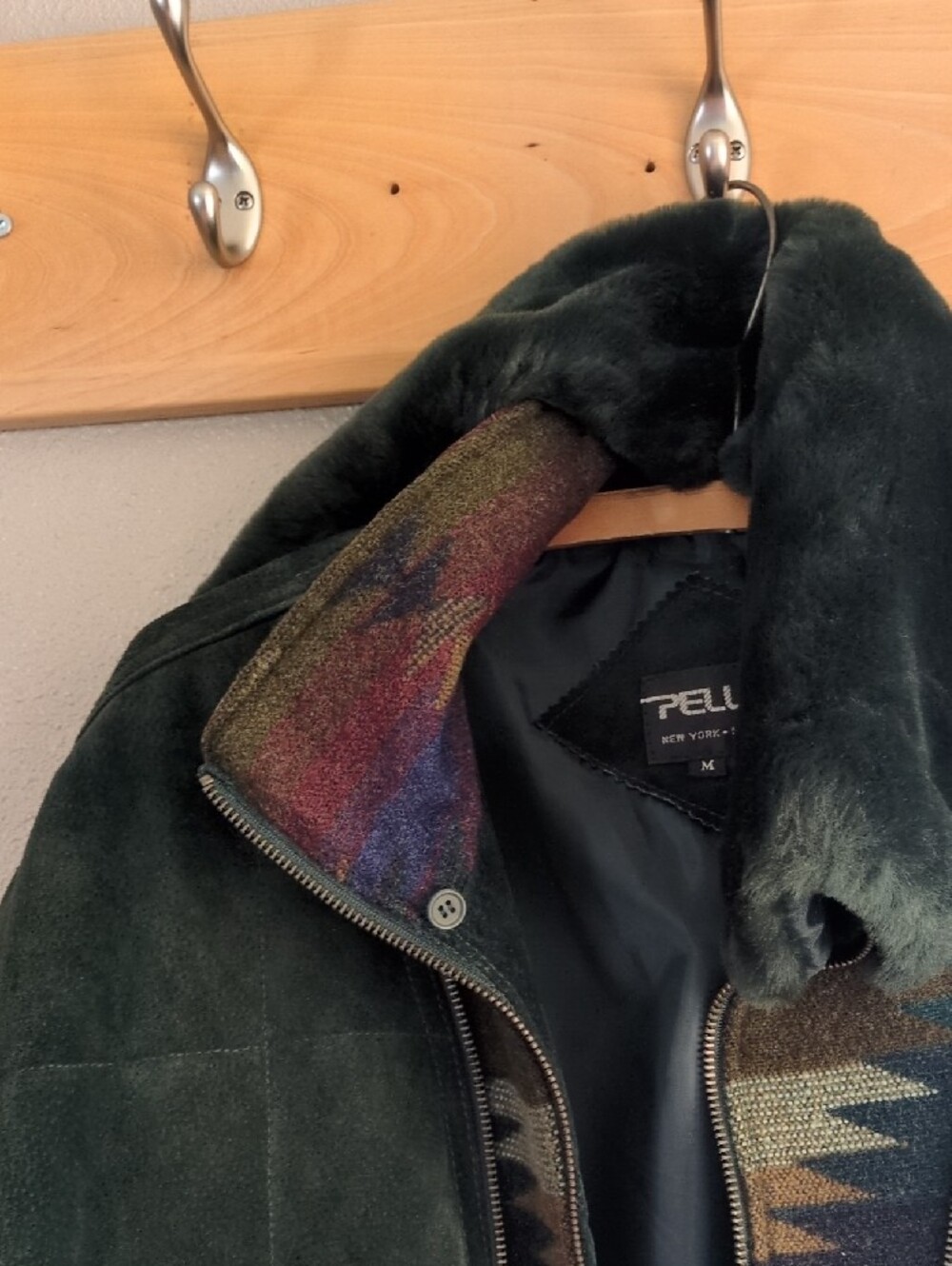 Pelle Dark Green Suede Puffer Jacket with Patterned Wool Sleeves - Picture 4 of 9
